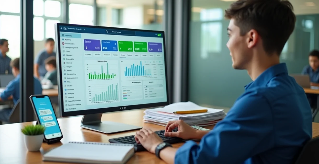 Gestor escolar analisando painel financeiro digital para reduzir inadimplência escolar