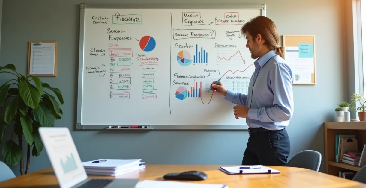 Gestor financeiro escolar ajustando painel de fluxo de caixa em quadro branco