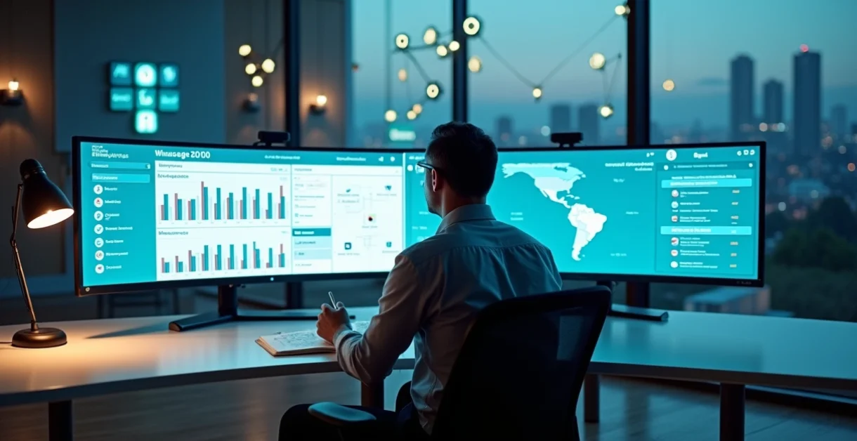 Gestor de escola de idiomas analisando painel digital com mapa multilíngue