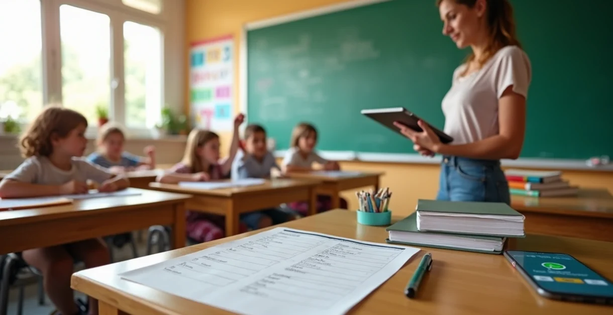 Professora usando tablet para marcar presença em lista de chamada digital em sala de aula