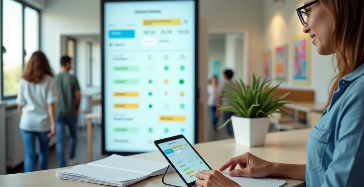 Calendário escolar com pagamentos recorrentes organizados em painel digital