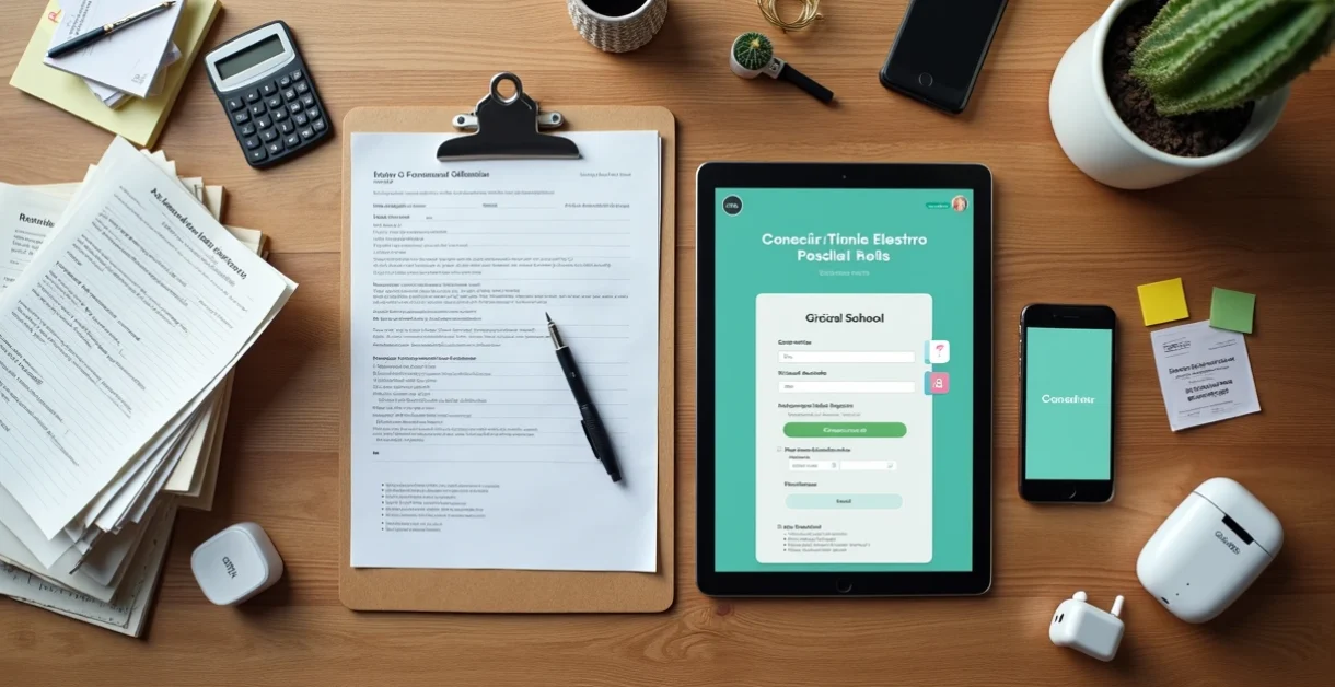 Mesa dividida com ficha de matrícula em papel de um lado e tablet com formulário online do outro