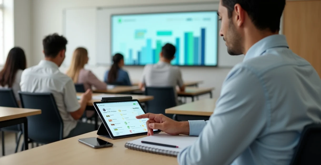 Gestor escolar conferindo frequência de alunos em tablet na sala de aula