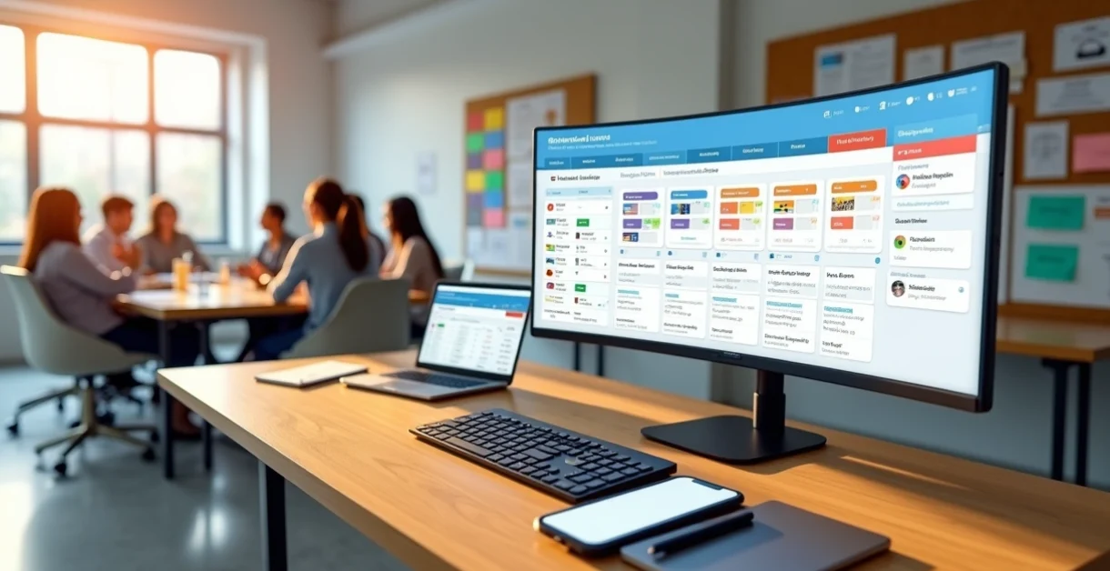 Sala de coordenação com painel de CRM exibindo matrículas e funil de alunos em escola de idiomas