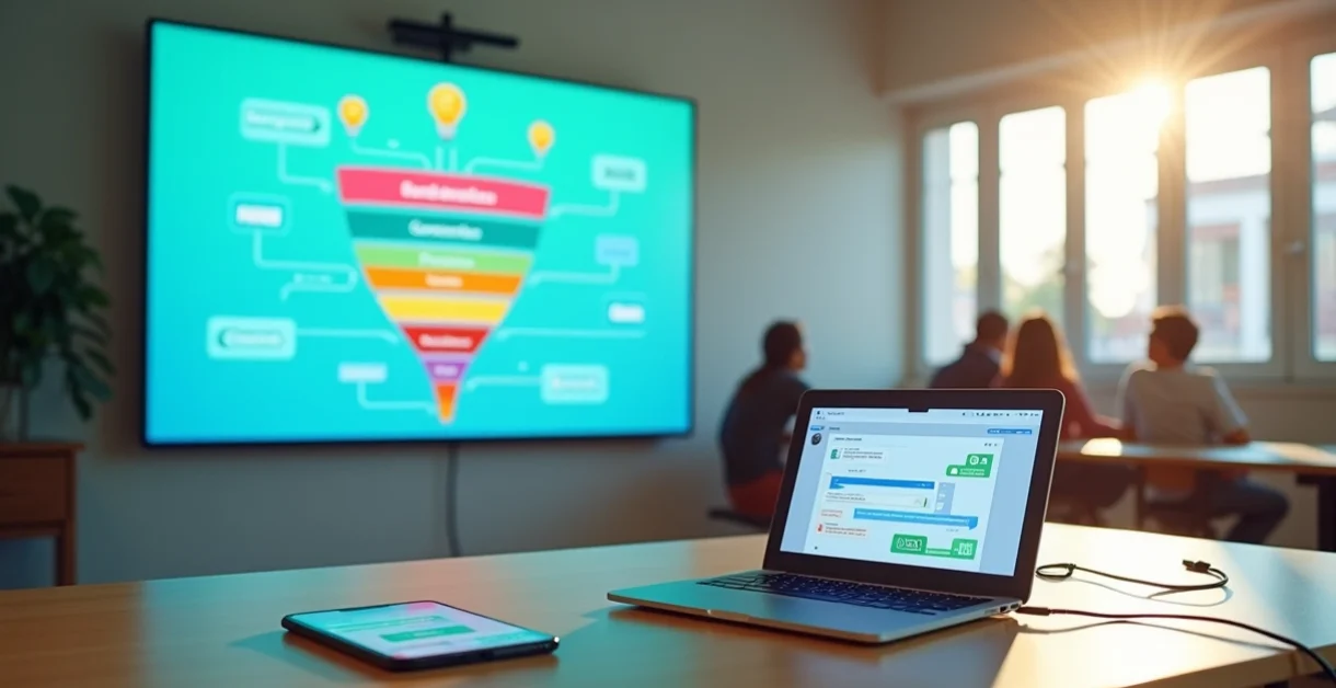 Painel digital exibindo funil de captação de alunos em ambiente de escola moderna
