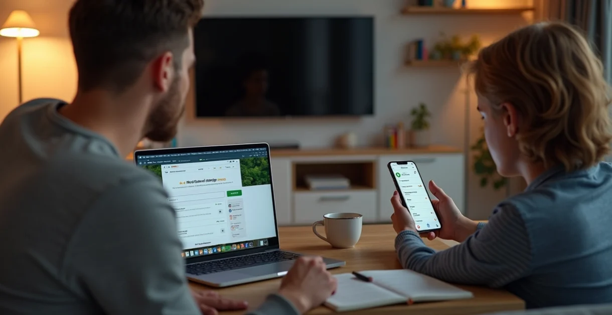 Pais analisam escolas particulares em notebook e celular lado a lado no sofá