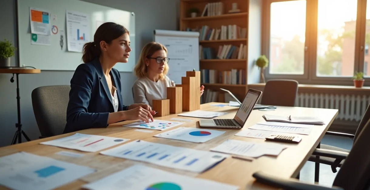 Sala financeira escolar com mesa em formato de gráfico de barra revelando planeamento