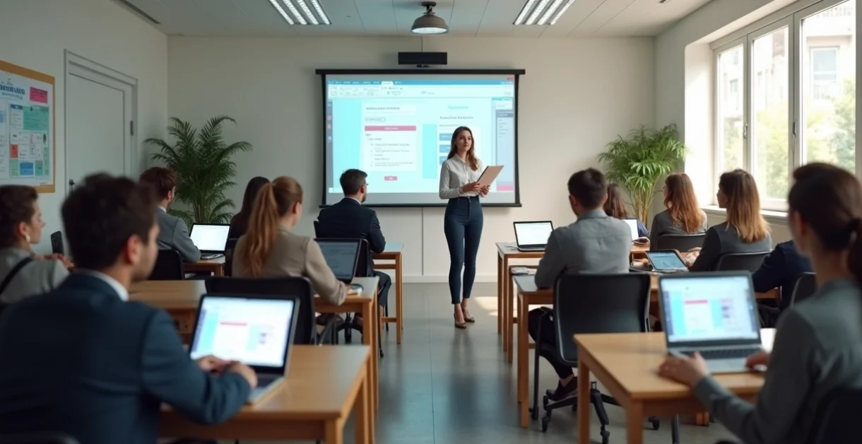 Professora usando tablet para ensinar tecnologia a um grupo de professores em sala de aula moderna