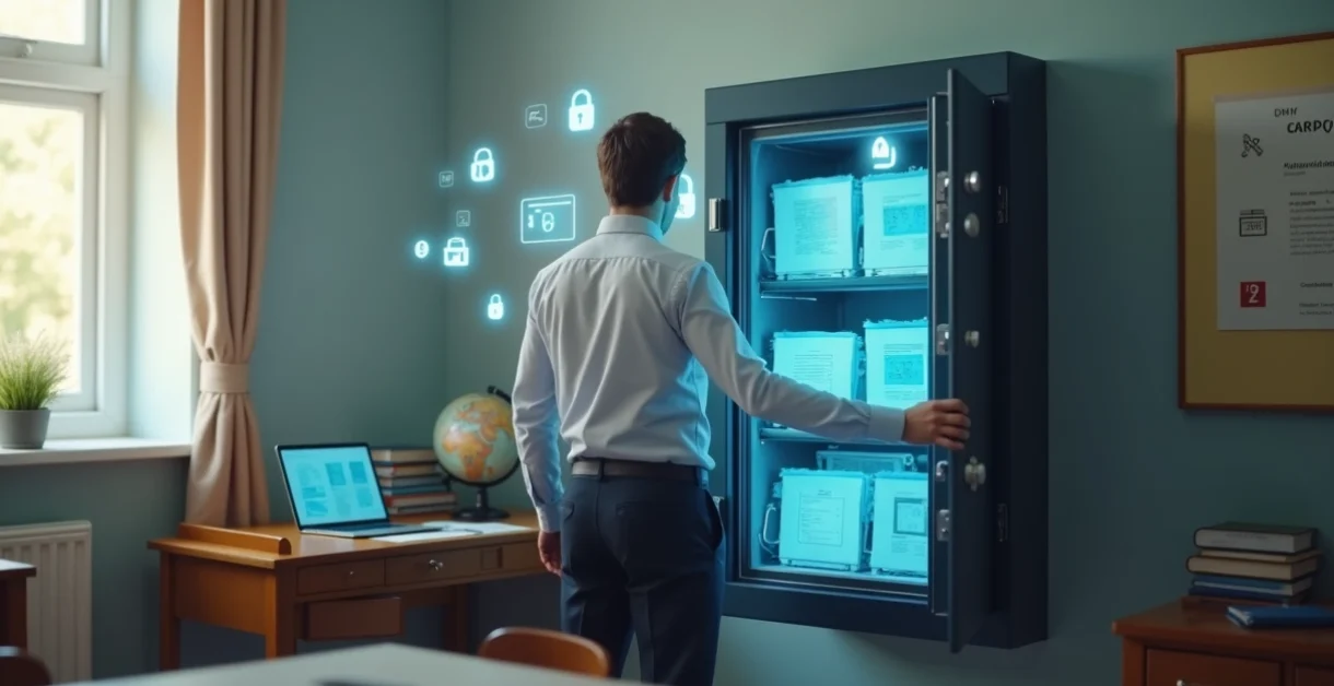 Diretora de escola abrindo cofre digital com pastas de alunos e cadeados virtuais