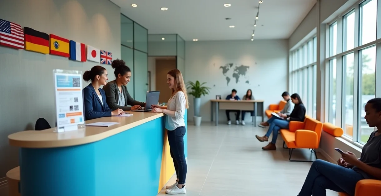 Recepção moderna de escola de idiomas atendendo novos alunos