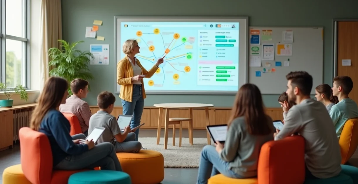 Professora em círculo com alunos usando tablets e painel digital ao fundo