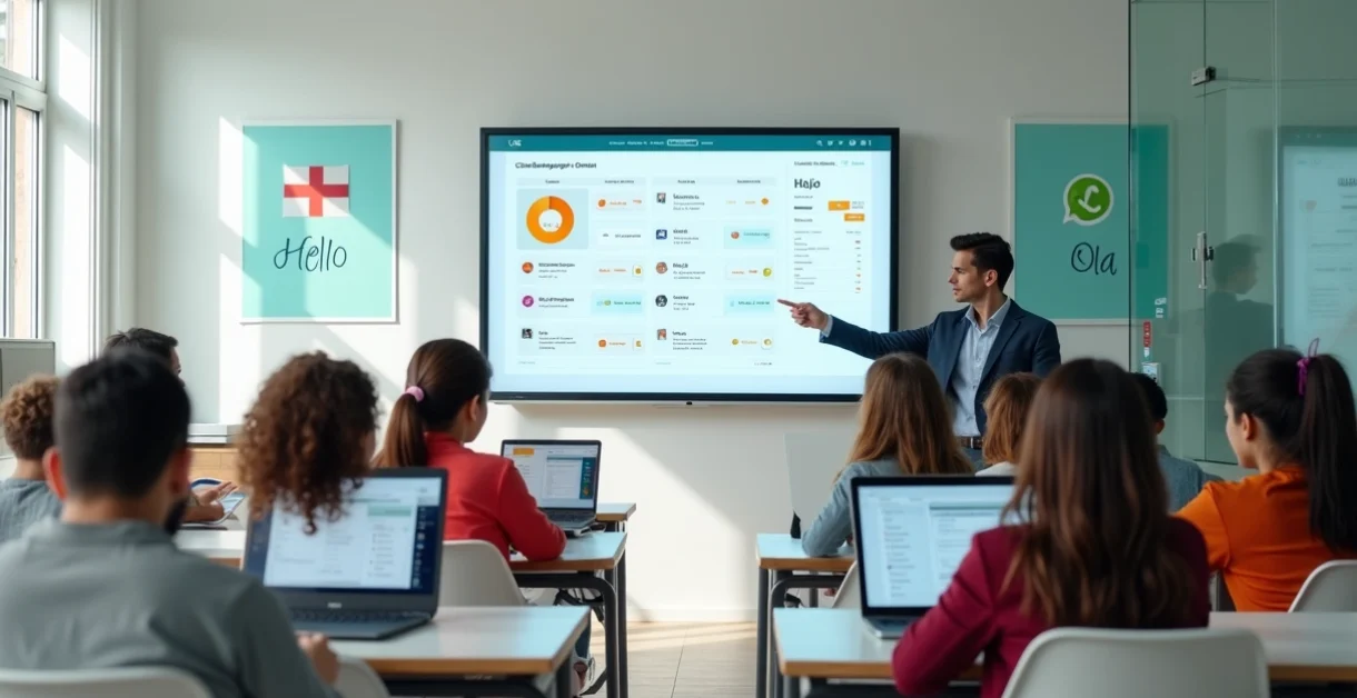 Sala de aula de idiomas moderna com tela digital de gestão escolar