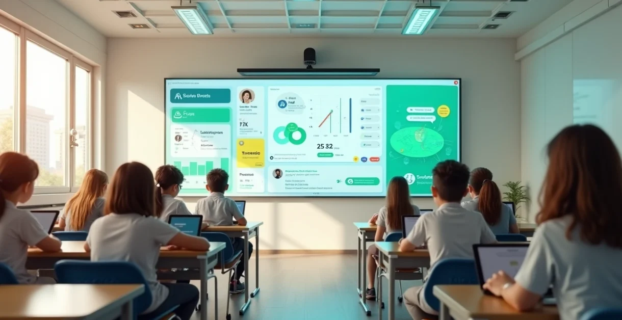 Sala de aula moderna com mural digital integrando gestão e aprendizagem