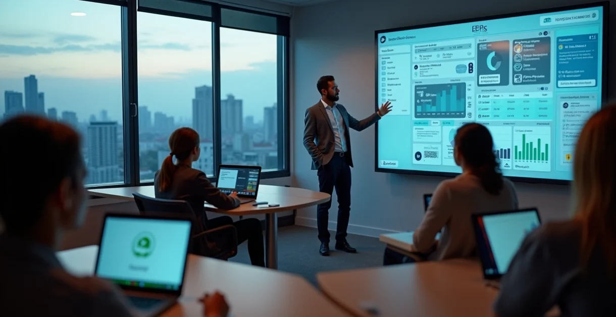 Instrutor de curso livre em sala moderna usando painel digital integrado a celular e plataforma online