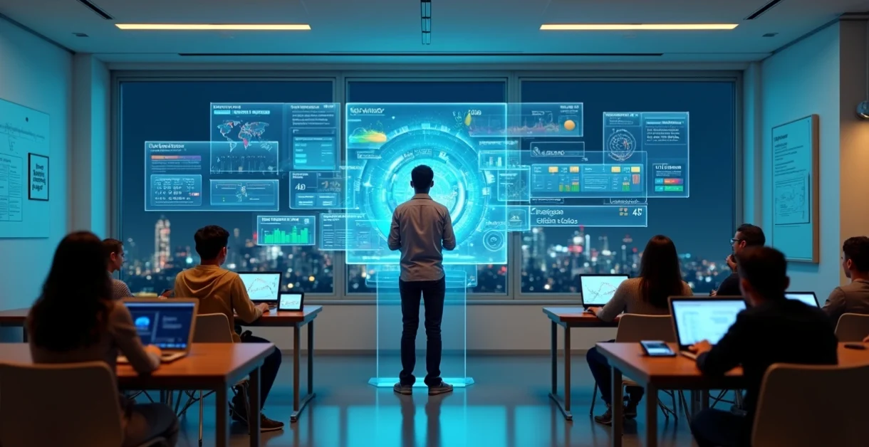 Sala de aula com professor e estudantes interagindo com dashboards holográficos