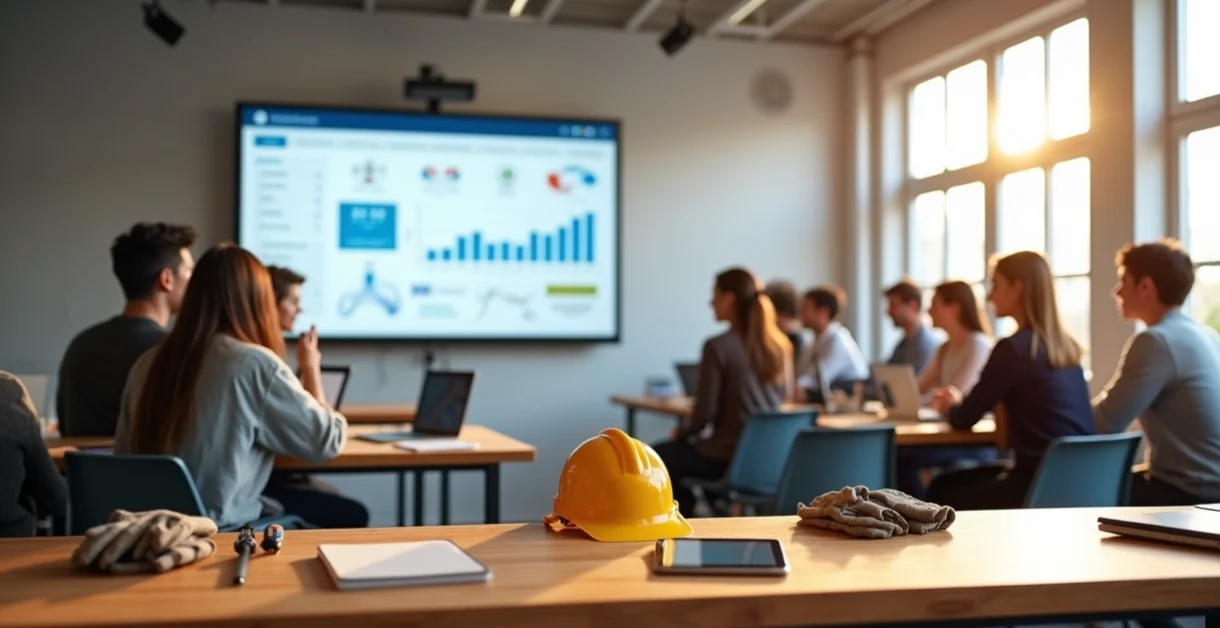 Sala de treinamento de curso profissionalizante com painel digital de gestão ao fundo