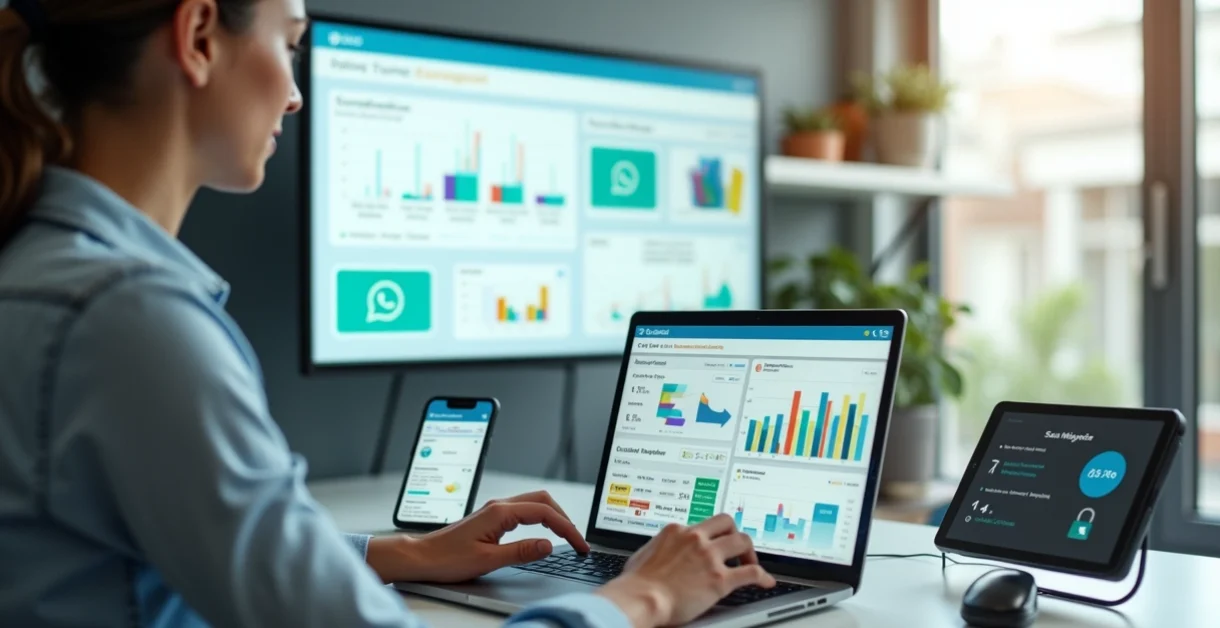 Gestor analisando painel de sistema de gestão de cursos livres em laptop