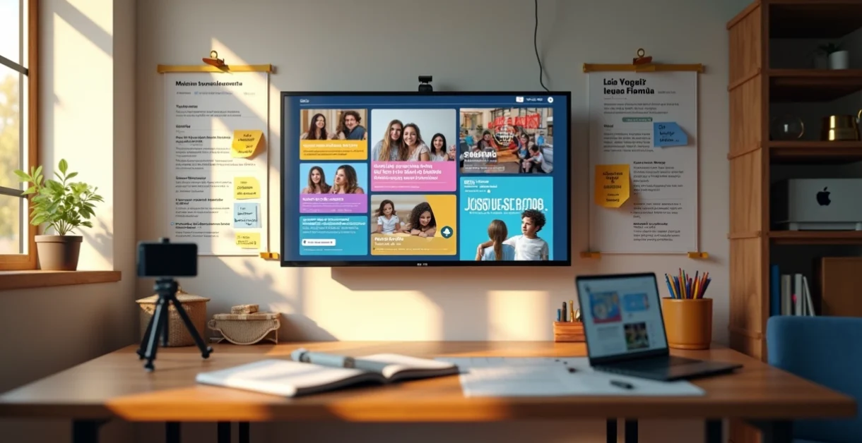 Painel com conteúdos de rede social de uma escola em diferentes formatos
