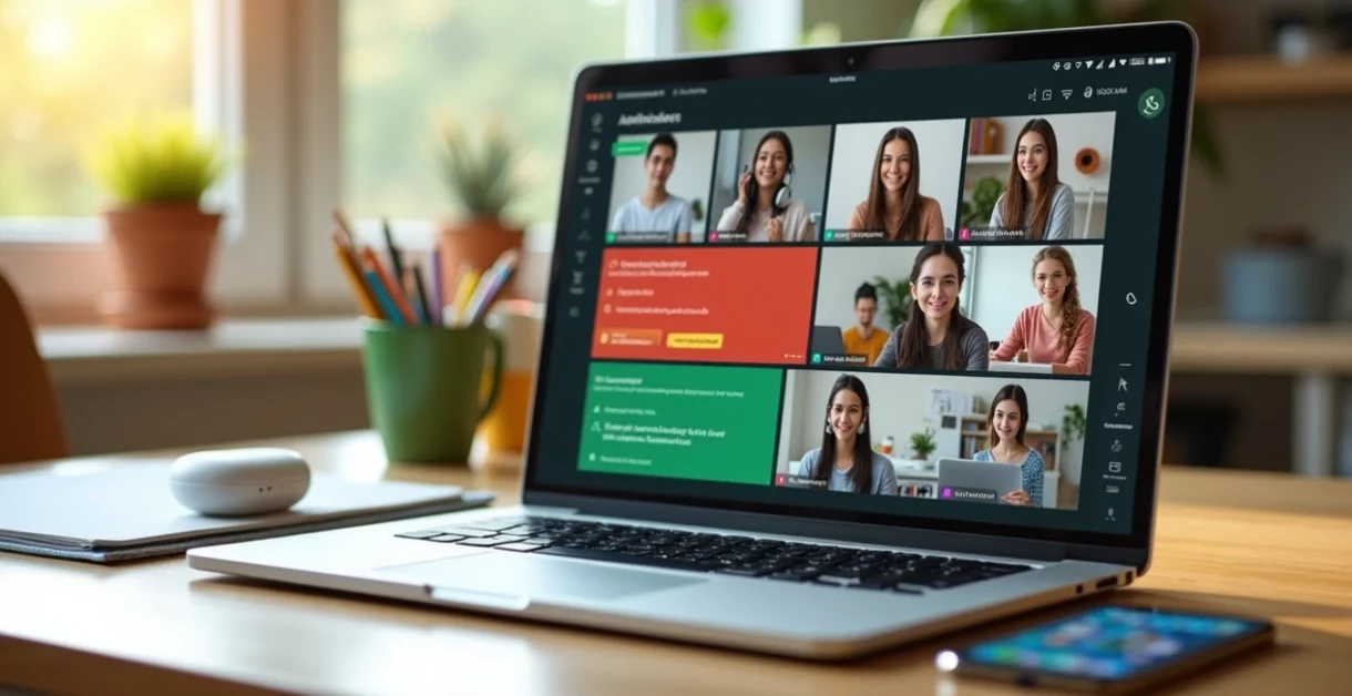 Alunos conectados em aula online com tela de notebook exibindo plataforma educacional